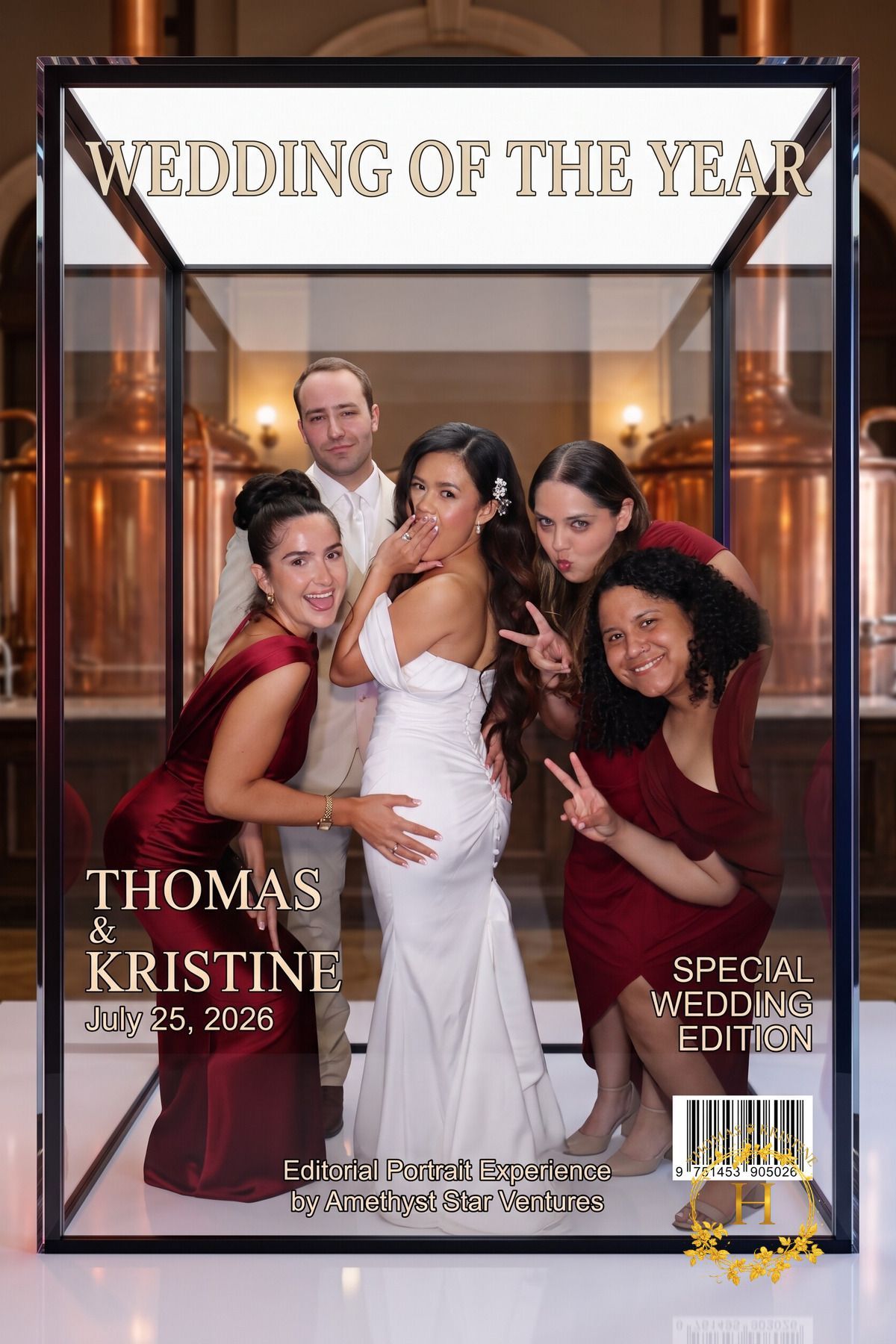 Harrison wedding party presented in a customized Wedding of the Year AI display box