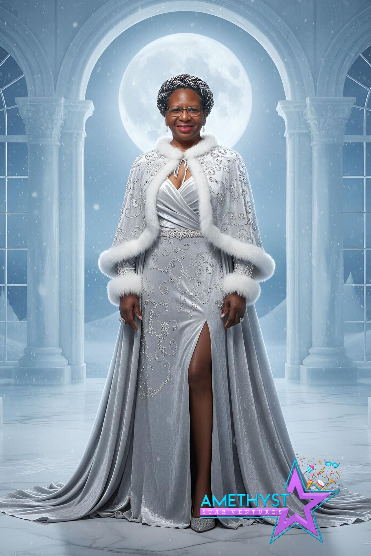 Guest transformed into an elegant silver winter portrait for a Links Inc holiday event