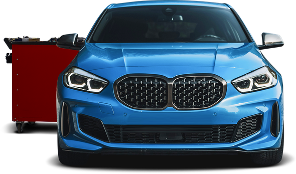 Blue BMW in front of a red tool chest. | Elite Automotive of Corpus Christi