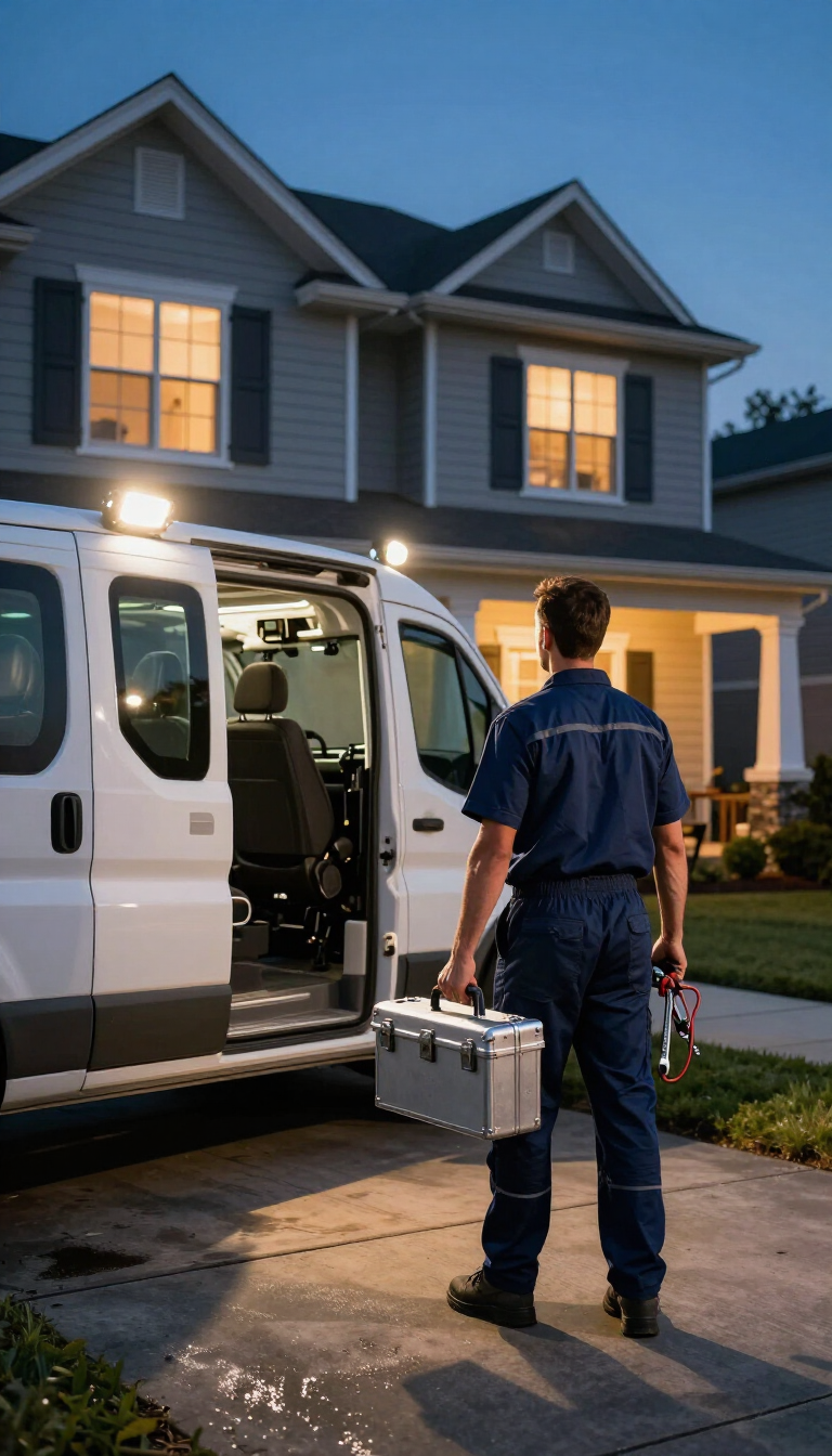 Delivery worker with metal case walking from a white van toward a lit suburban house at dusk