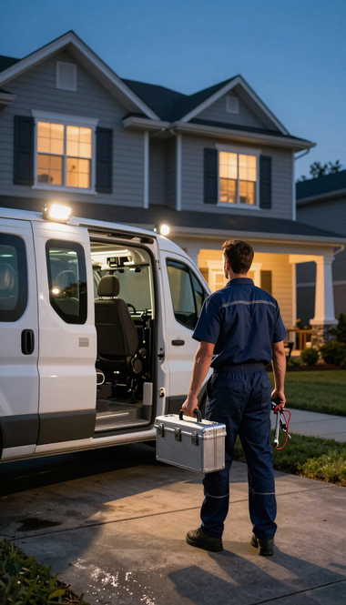 Delivery worker with metal case walking from a white van toward a lit suburban house at dusk