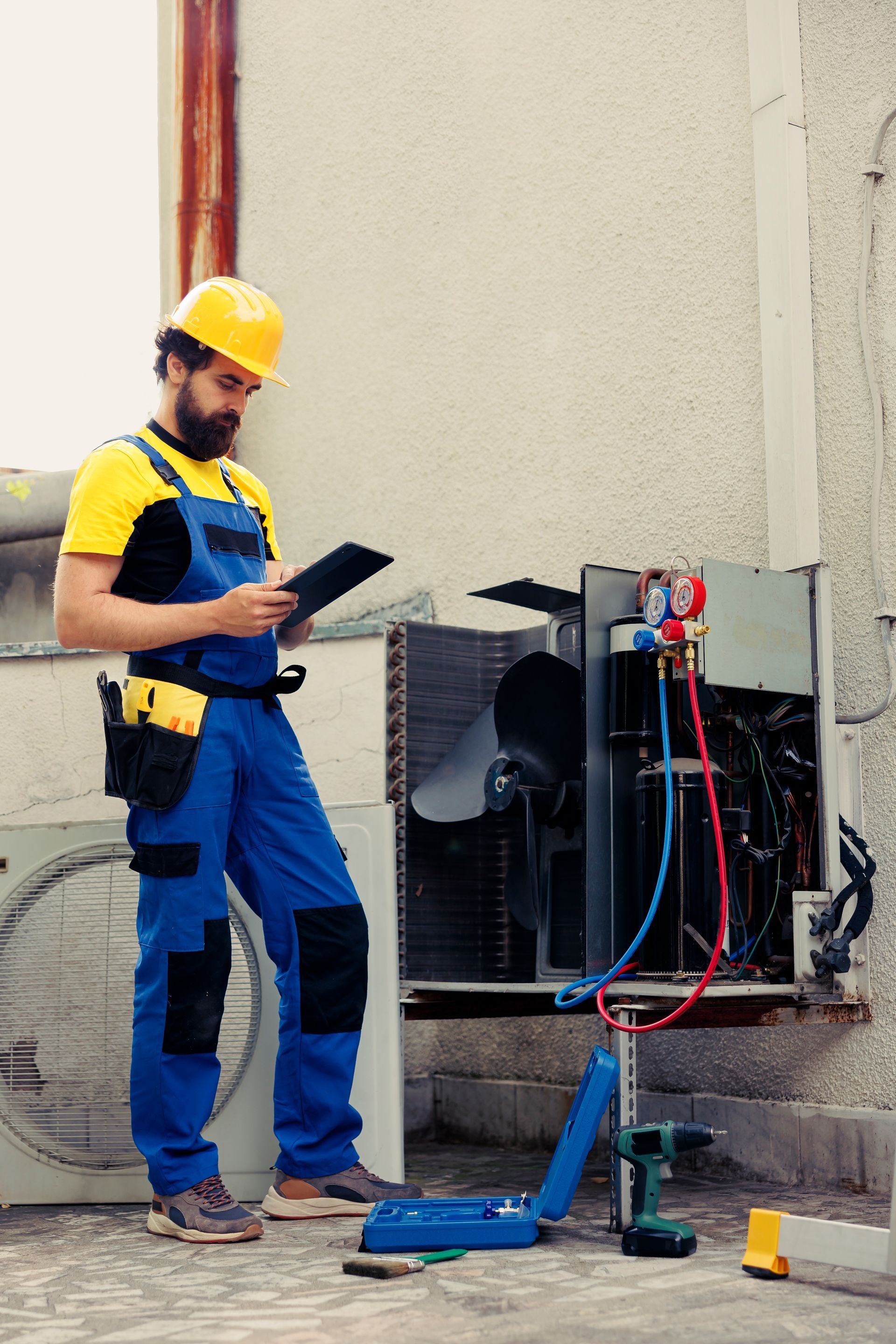 Technician in yellow hard hat and blue coveralls inspecting an outdoor HVAC unit with tools.
