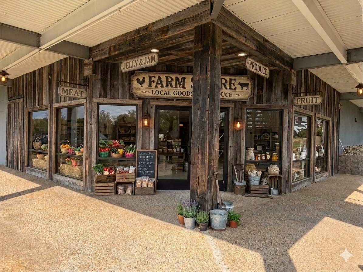 Rustic farm market storefront with wooden beams, produce displays, and potted plants under a covered porch
