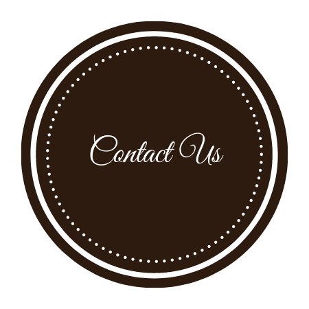 Brown circular “Contact Us” button with white dotted border and script text