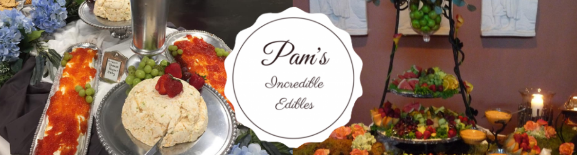 Colorful dessert table with a white “Pam’s Sweet Cafe” sign and festive decorations