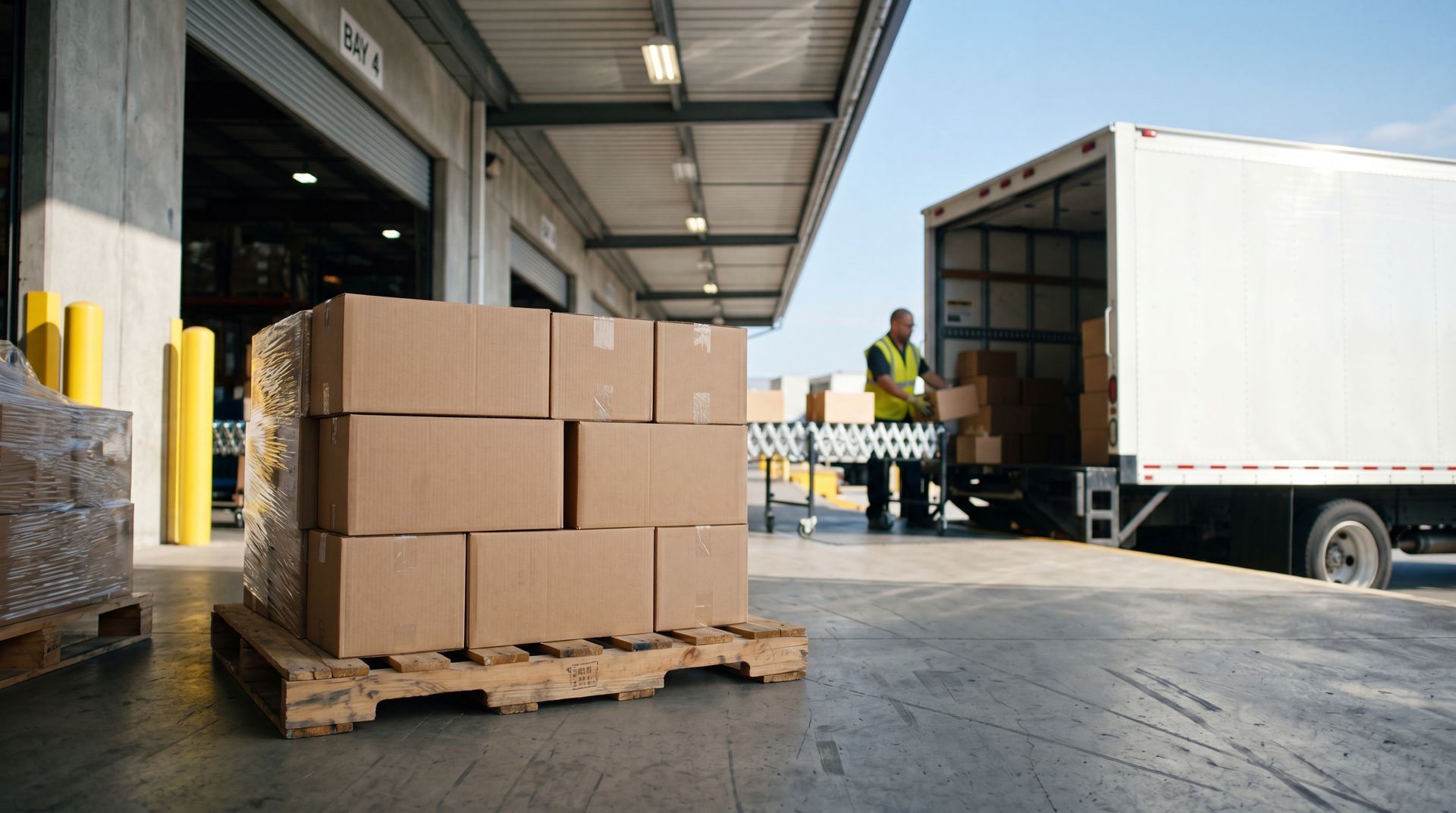 Warehouse worker loading cardboard boxes on pallets onto a delivery truck at a loading dock.