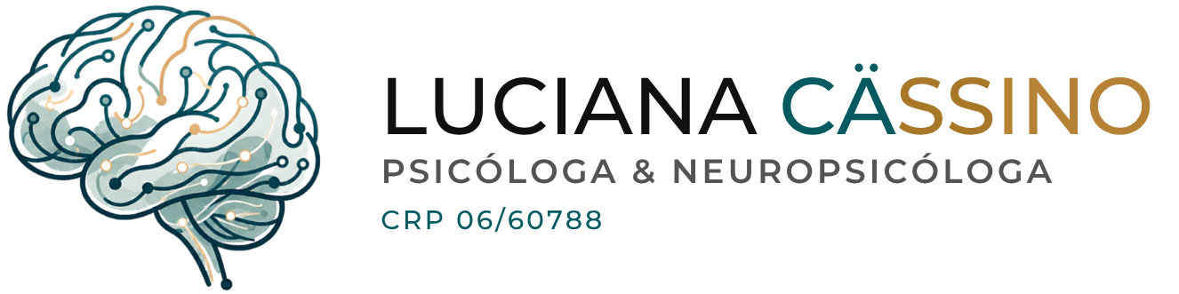 Logo com cérebro estilizado azul e verde; texto “LUCIANA CASSINO” e “Psicóloga & Neuropsicóloga”.
