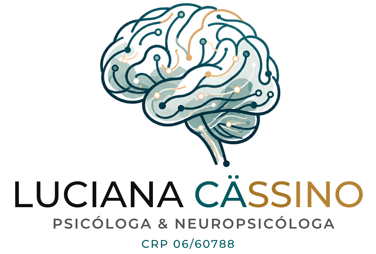 Logo de “Luciana Cassino”, com ilustração de cérebro em tons de azul e bege e texto de psicóloga e neuropsicóloga.