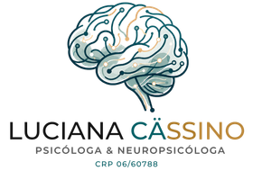 Logo de “Luciana Cassino”, com ilustração de cérebro em tons de azul e bege e texto de psicóloga e neuropsicóloga.