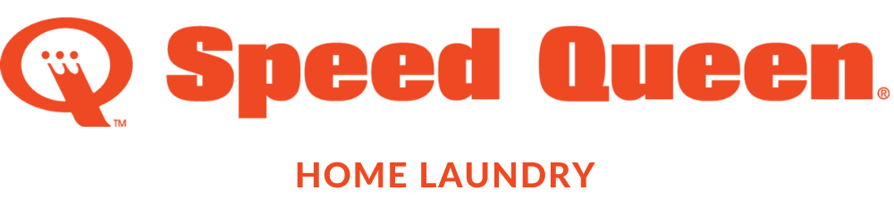 The logo for speed queen home laundry is red and white.