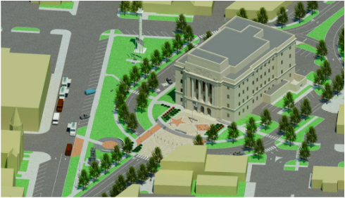 A 3D rendering of a building in a town square with green spaces, trees, and roads.