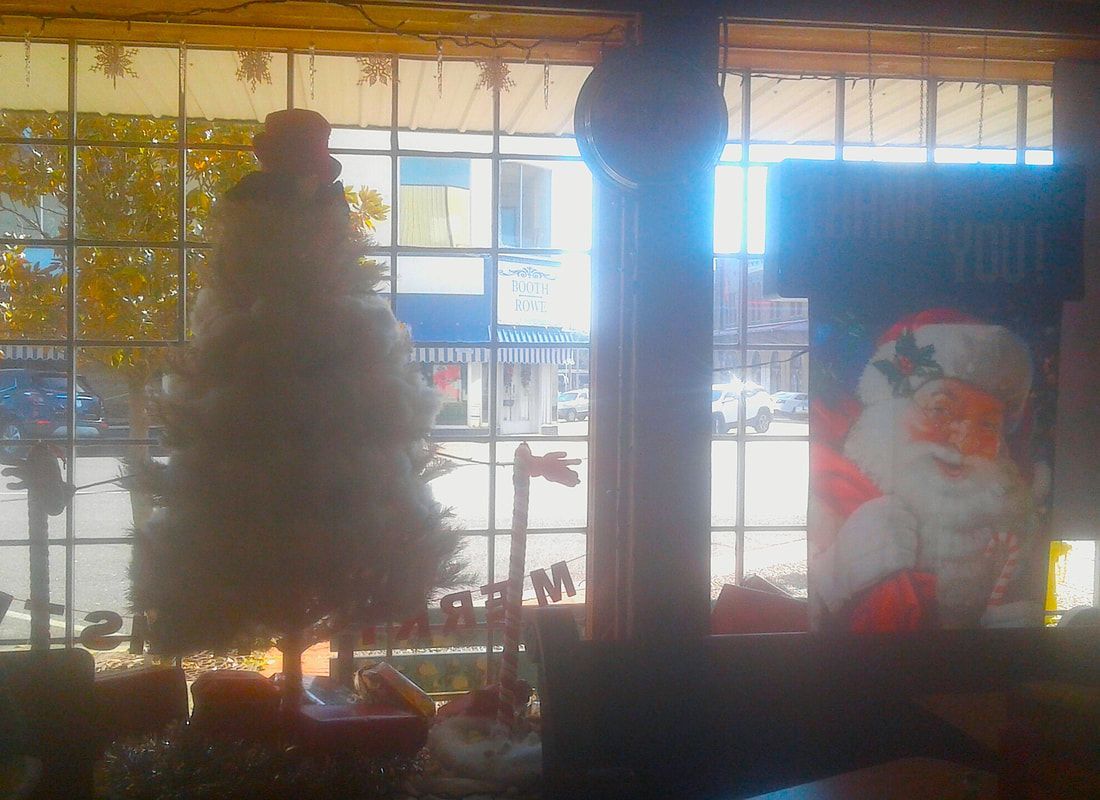 Window display with Christmas tree and Santa illustration. Outside, a street with buildings.