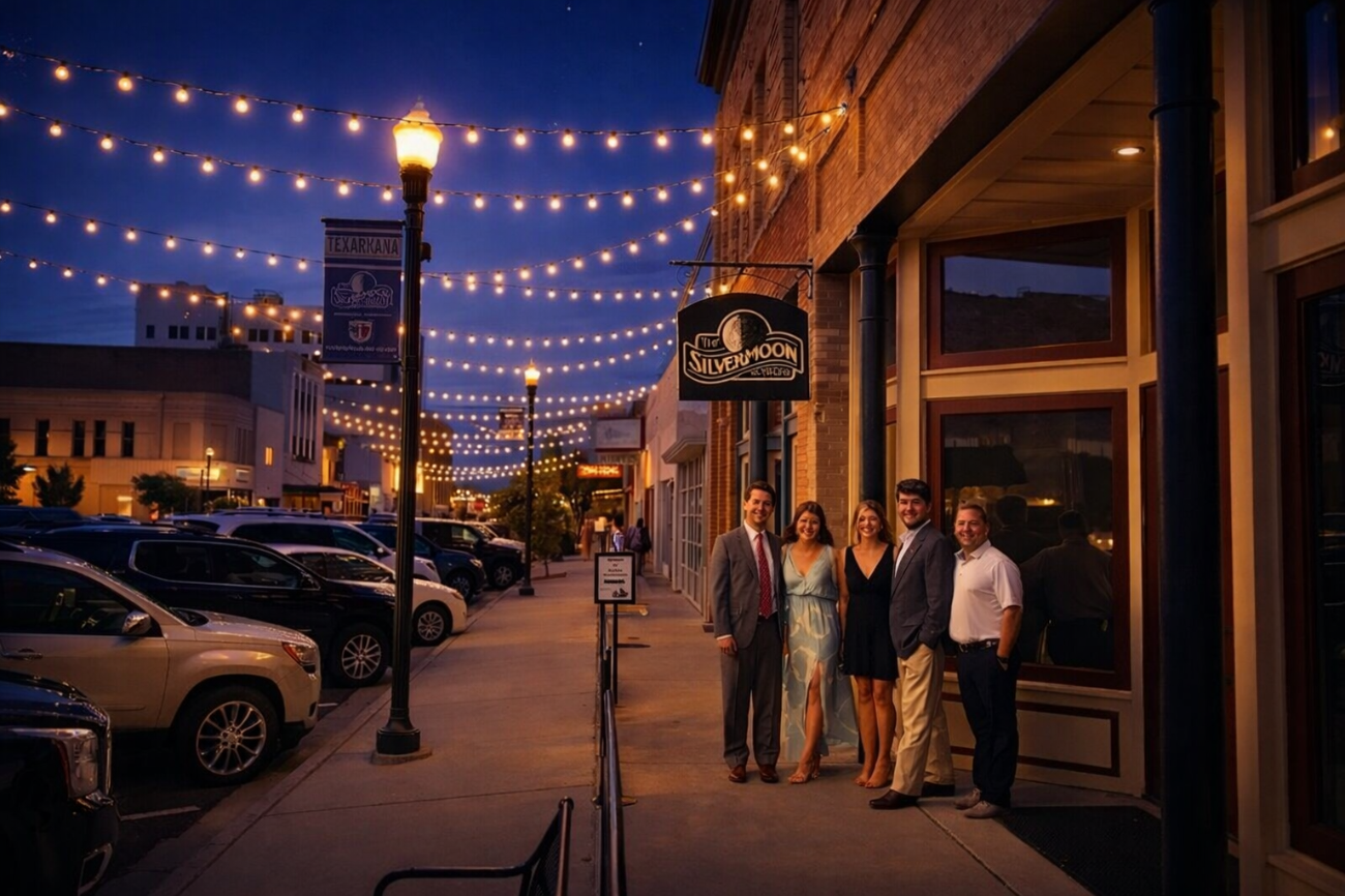People standing on a lit downtown sidewalk at dusk, with string lights overhead and storefronts nearby.