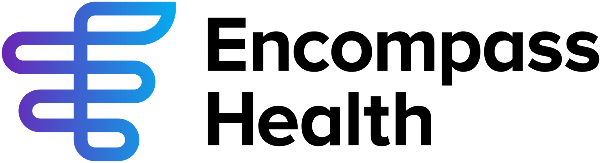 Encompass Health logo: blue and purple curved line symbol next to black text that reads