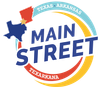 Main Street Texarkana logo. Features Texas and Arkansas shapes with text and a colorful arc.