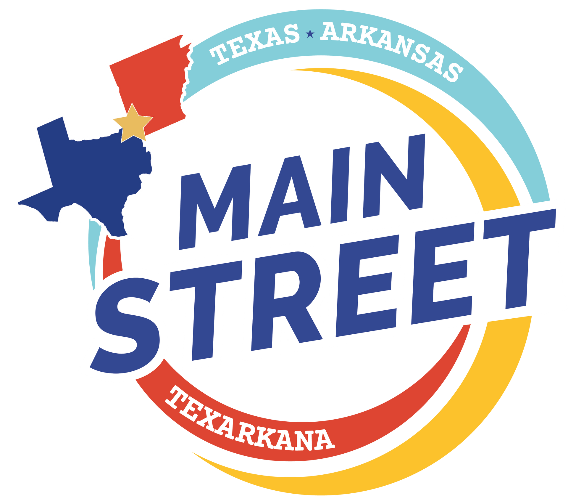 Main Street Texarkana logo. Features Texas and Arkansas shapes with text and a colorful arc.