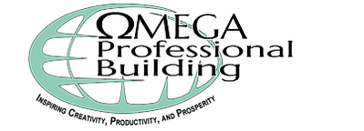 Logo for Omega Professional Building, featuring a globe with