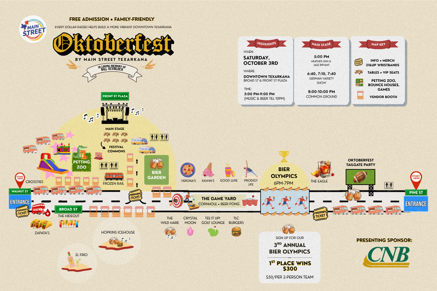 Octoberfest event map with food stands, activities, and sponsor logos on a beige background