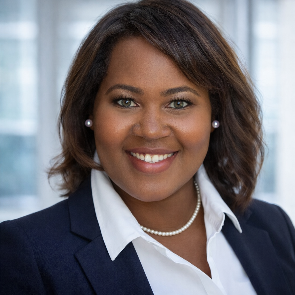 Smiling professional in navy blazer and white shirt, wearing pearl necklace, against a blurred office background