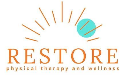 Restore physical therapy and wellness logo with orange text, sunburst lines, and teal circle