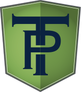 Green shield logo with dark blue interlocking letters T and P