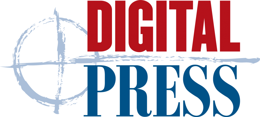 Digital Press logo with red and blue text beside a light blue compass graphic