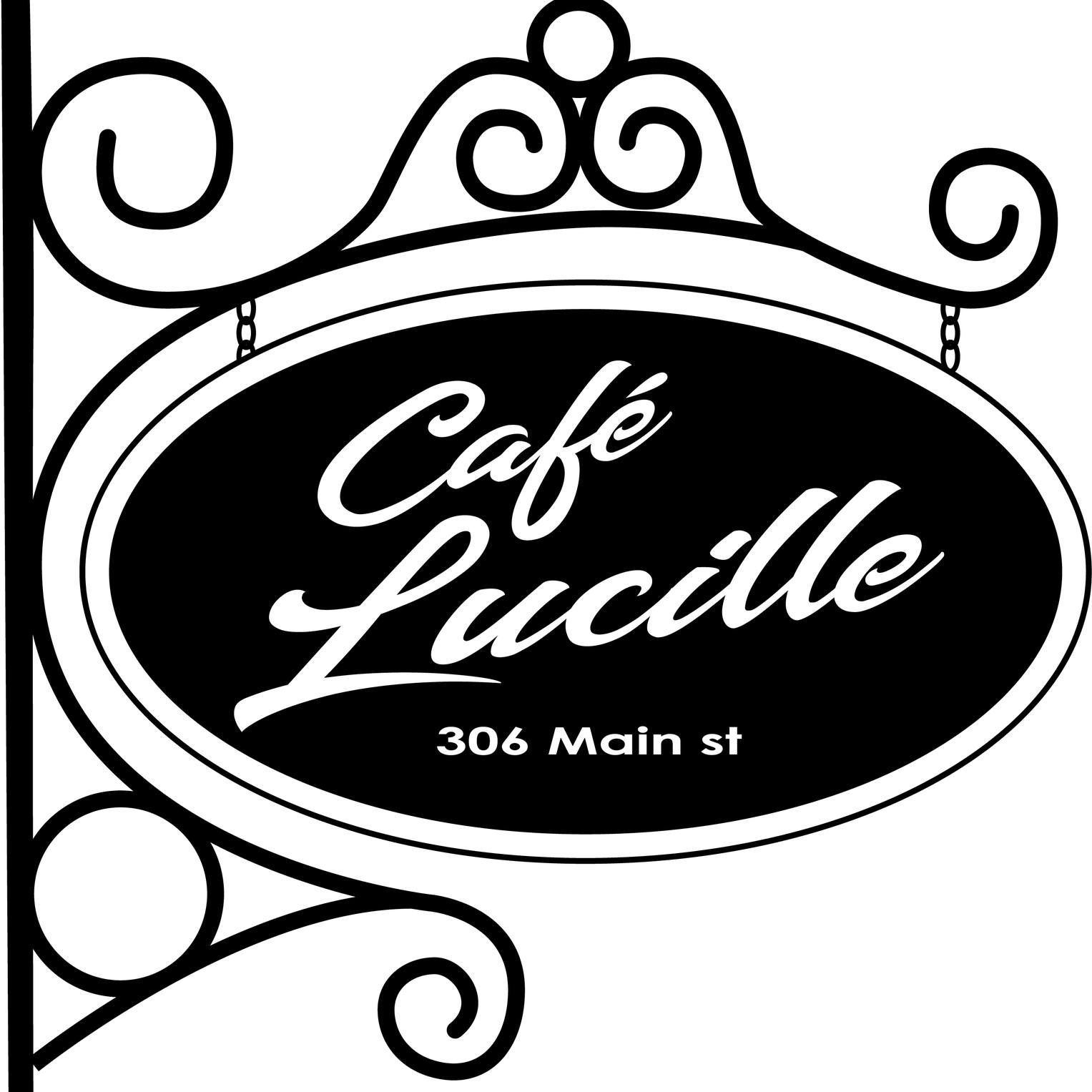 Black-and-white Café Lucille sign with oval logo and “306 Main st” text
