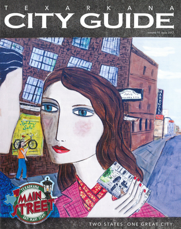 Texarkana City Guide cover: woman holding photo, street scene with shops.