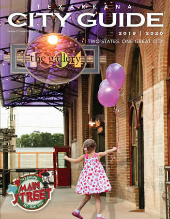 Texarkana City Guide cover: Girl with balloons near The Gallery, Main Street.