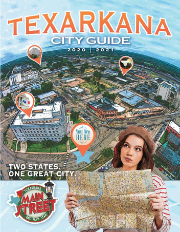 Texarkana City Guide 2020-2021 cover with map, aerial view of city, and woman holding map with perplexed expression.