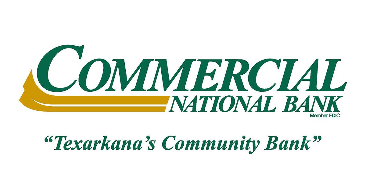 Commercial National Bank logo in green and gold with tagline “Texarkana’s Community Bank”