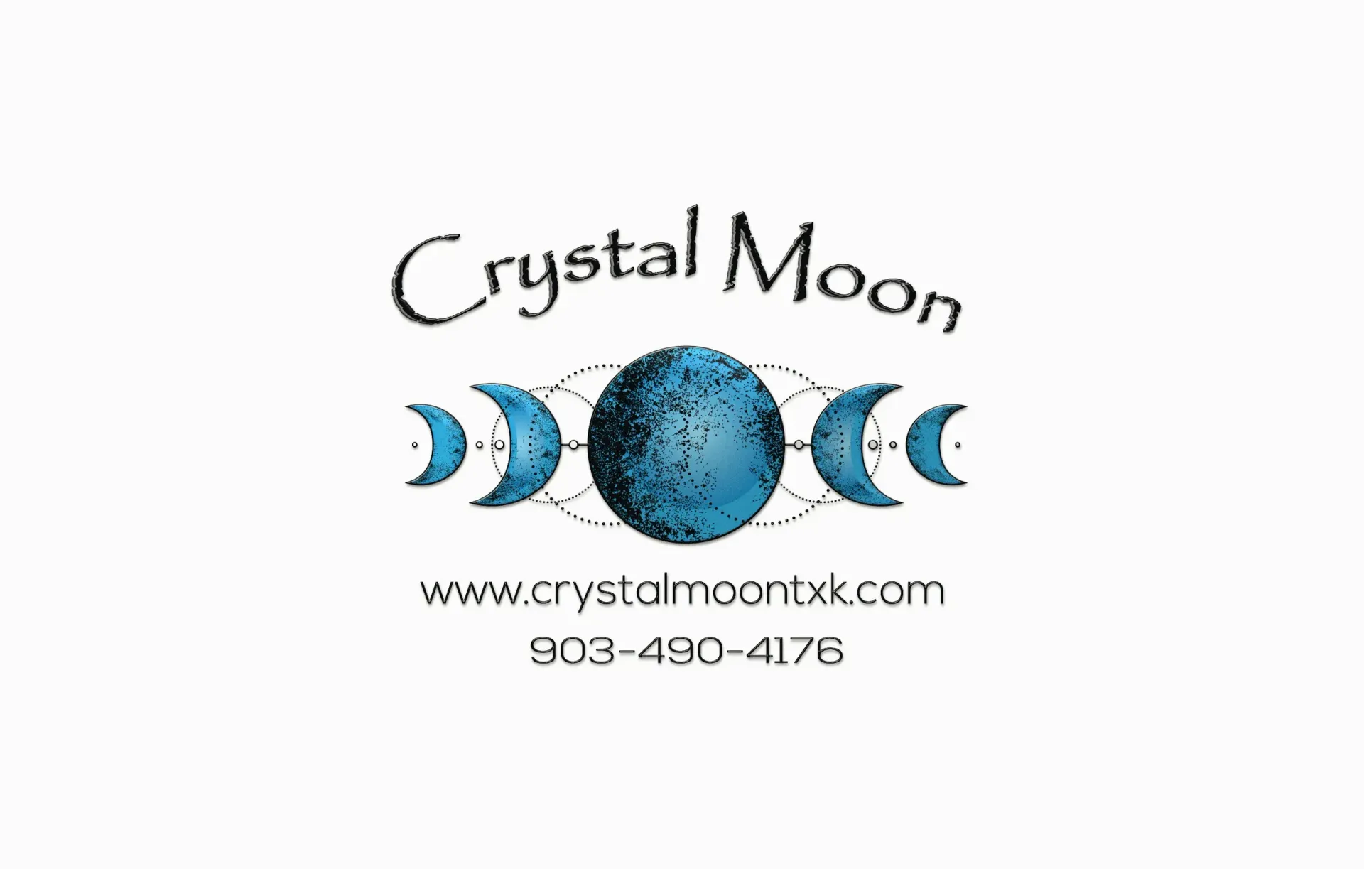 Crystal Moon logo: black text with blue moon phases and globe graphic; website and phone number listed.