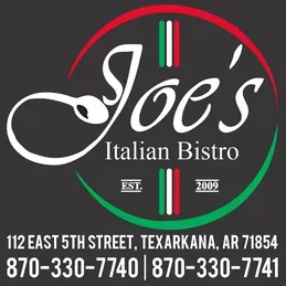 Logo for Joe's Italian Bistro, featuring a spoon, text, and address in Texarkana, AR.