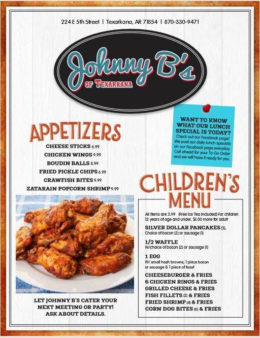 Johnny B's restaurant menu: appetizers, children's menu, and fried chicken wings.