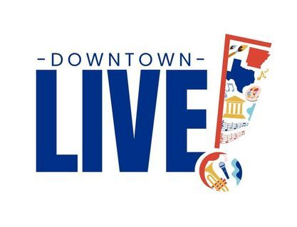 Downtown Live logo with blue text and colorful icon: art, music, & architecture.