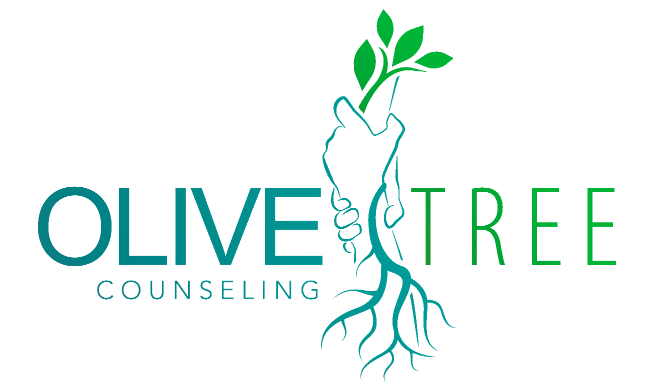 Olive Tree Counseling logo: Hand holding growing tree. Teal and green text and illustration.