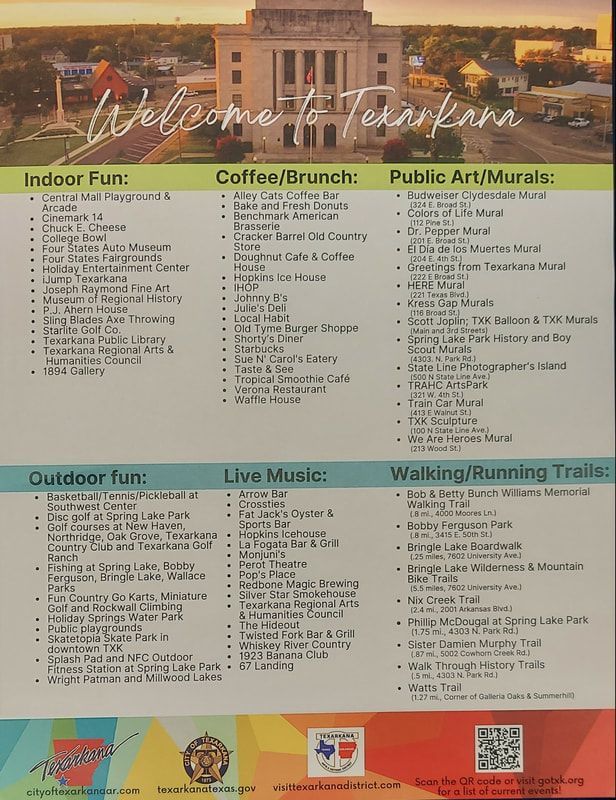 A promotional poster for Texarkana with activity categories
