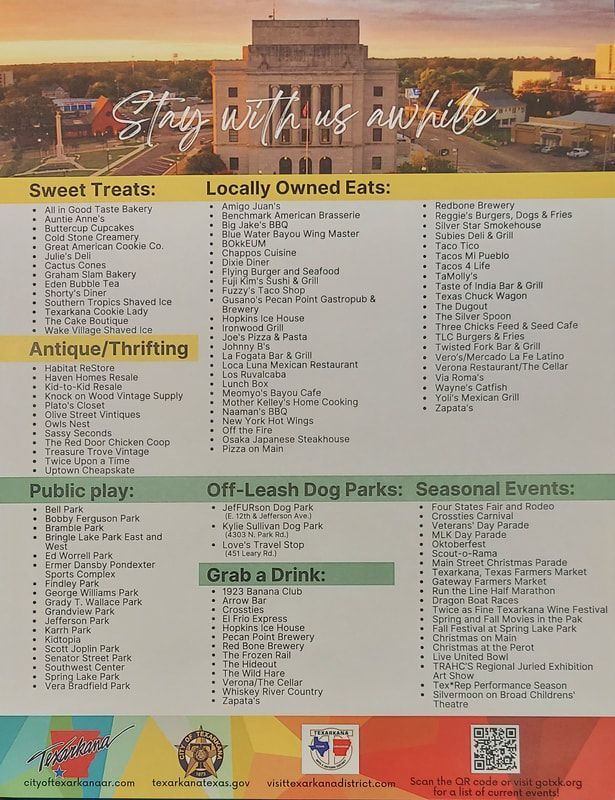Poster listing local businesses and activities in a town, featuring categories like dining, shopping, and events.