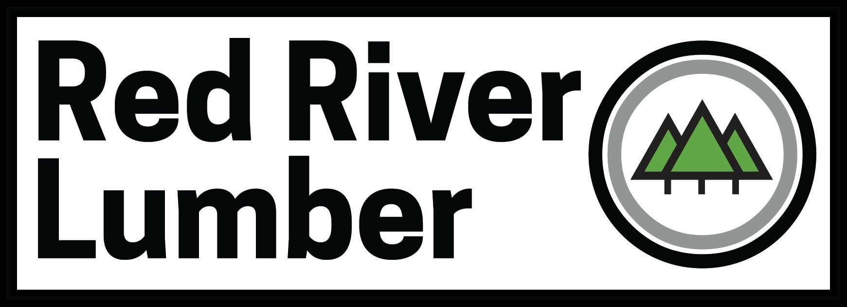 Red River Lumber logo with black text and a circular green mountain emblem on white background