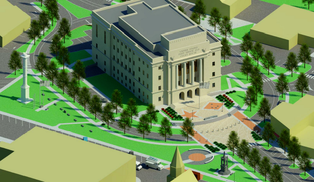 3D rendering of a beige neoclassical building with columns and a plaza, surrounded by roads, trees, and other buildings.
