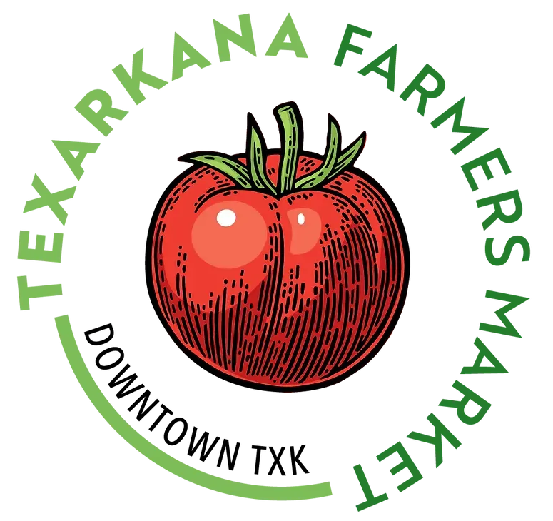 Logo: Red tomato with green leaves,
