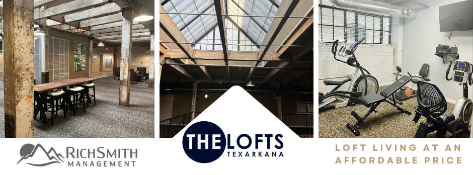 Banner promoting lofts with three images. One with bar seating, one showing a skylight, one with exercise equipment.