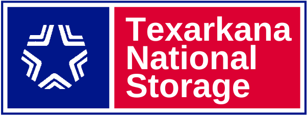 Texarkana National Storage logo with blue emblem and red text panel