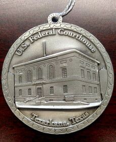 Medal: U.S. Federal Courthouse, Texarkana, Texas. Silver with building depiction and hanging loop.