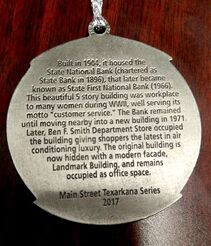 Medallion with text about the State National Bank in Texarkana, built in 1964 and part of the Main Street Texarkana Series.
