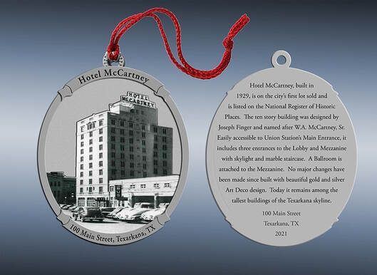 Metal Christmas ornament featuring Hotel McCamey in McCamey, TX. Includes text describing the hotel.