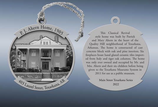 Metal Christmas ornament of the R.I. Ahern House, Texarkana, AR, with historical text.