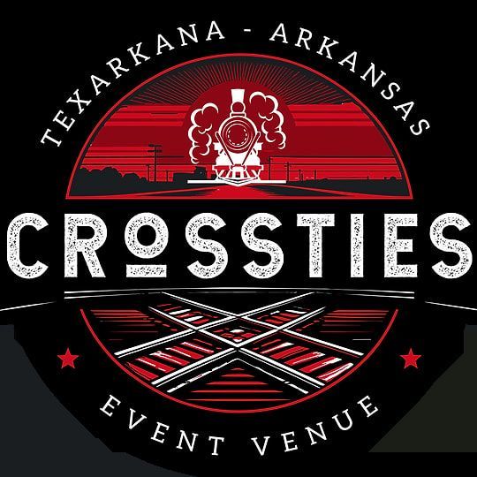 Logo for Crossties Event Venue in Texarkana, Arkansas. Features a train, railroad tracks, and red and black color scheme.