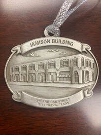Ornament of the Jamison Building at 2nd and Oak Street, Texarkana, Texas. Silver with ribbon.
