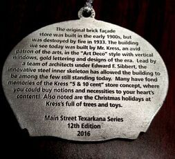 Commemorative coin. Text: History of Kress store in Texarkana, built in Art Deco style, mentioning fire and holidays. 2016.